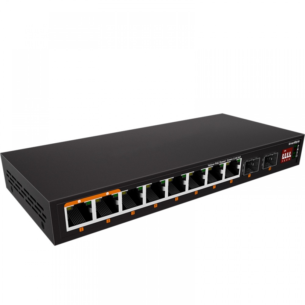 8*10/100Base-TX PoE downlink, 1 or 2*Gigabit SFP/RJ45 uplink Enhanced Function Unmanaged PoE Switches Max 800m Long Distance Series